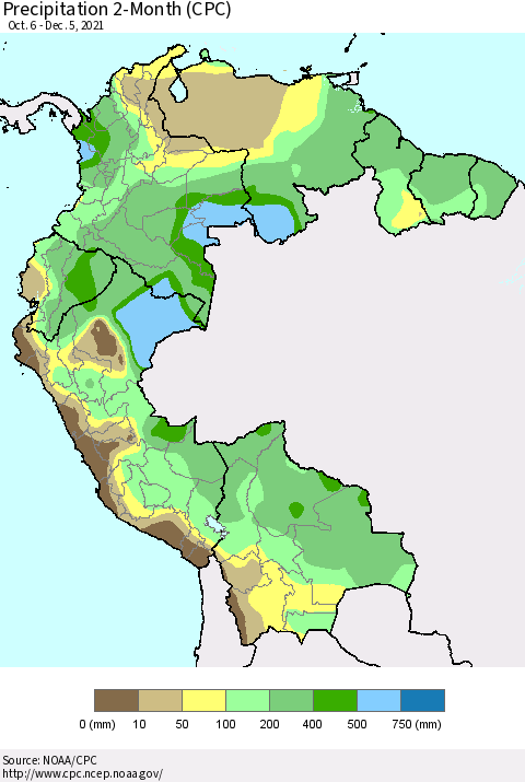 Northern South America Precipitation 2-Month (CPC) Thematic Map For 10/6/2021 - 12/5/2021