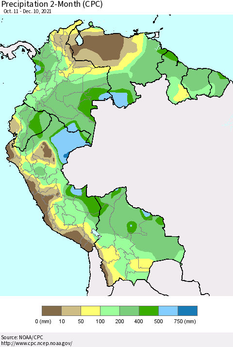 Northern South America Precipitation 2-Month (CPC) Thematic Map For 10/11/2021 - 12/10/2021