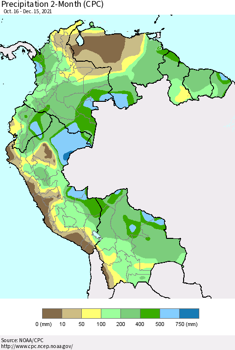 Northern South America Precipitation 2-Month (CPC) Thematic Map For 10/16/2021 - 12/15/2021