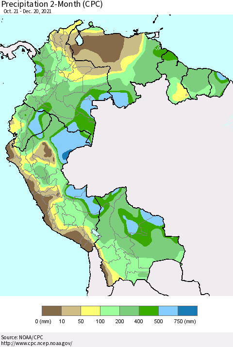 Northern South America Precipitation 2-Month (CPC) Thematic Map For 10/21/2021 - 12/20/2021