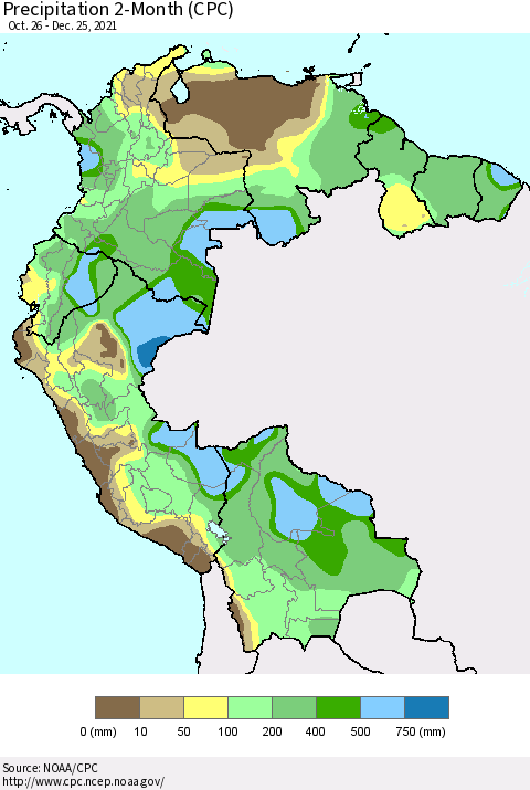 Northern South America Precipitation 2-Month (CPC) Thematic Map For 10/26/2021 - 12/25/2021