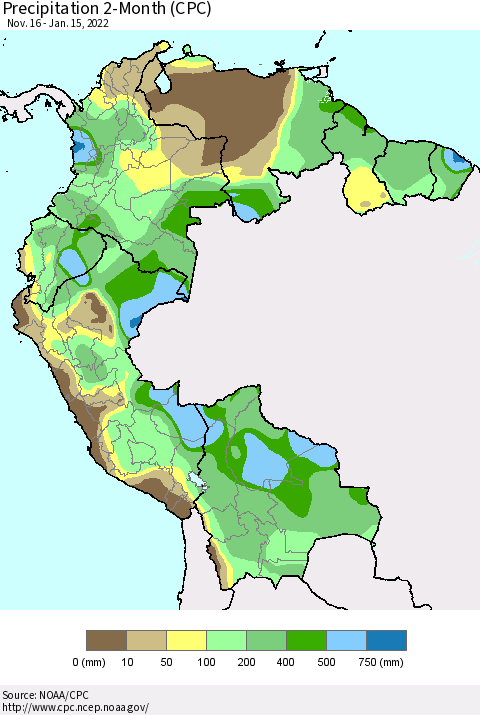 Northern South America Precipitation 2-Month (CPC) Thematic Map For 11/16/2021 - 1/15/2022