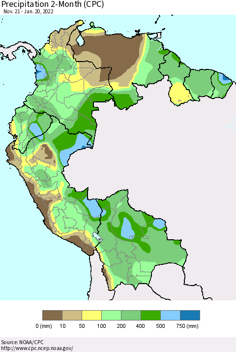 Northern South America Precipitation 2-Month (CPC) Thematic Map For 11/21/2021 - 1/20/2022