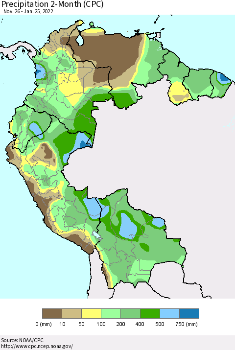 Northern South America Precipitation 2-Month (CPC) Thematic Map For 11/26/2021 - 1/25/2022