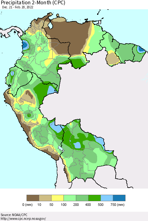 Northern South America Precipitation 2-Month (CPC) Thematic Map For 12/21/2021 - 2/20/2022