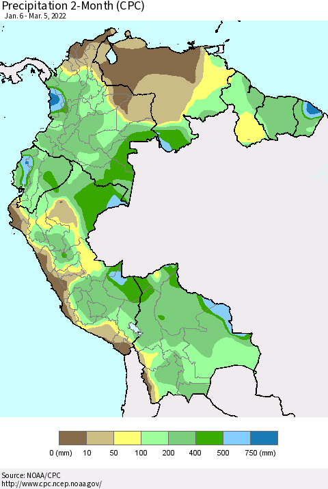 Northern South America Precipitation 2-Month (CPC) Thematic Map For 1/6/2022 - 3/5/2022