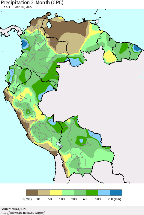 Northern South America Precipitation 2-Month (CPC) Thematic Map For 1/11/2022 - 3/10/2022