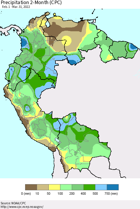 Northern South America Precipitation 2-Month (CPC) Thematic Map For 2/1/2022 - 3/31/2022