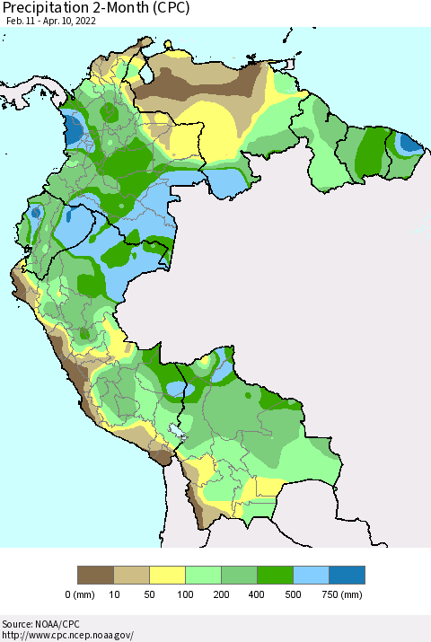 Northern South America Precipitation 2-Month (CPC) Thematic Map For 2/11/2022 - 4/10/2022