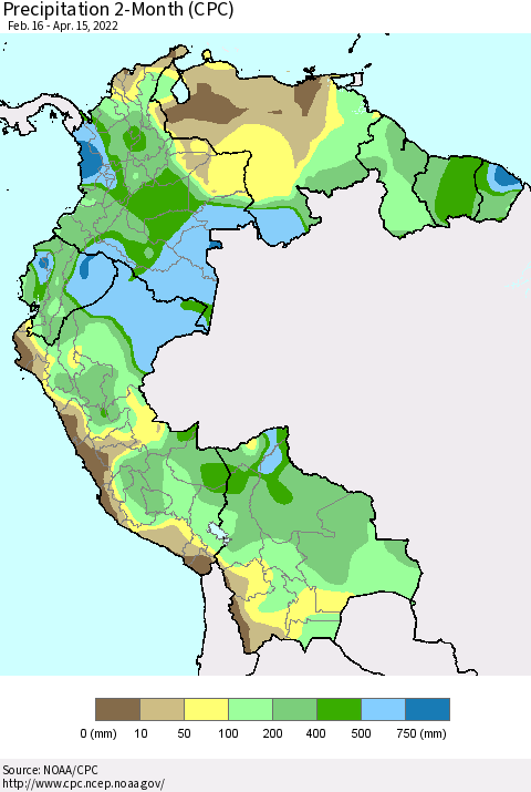 Northern South America Precipitation 2-Month (CPC) Thematic Map For 2/16/2022 - 4/15/2022