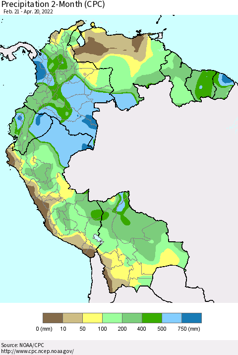 Northern South America Precipitation 2-Month (CPC) Thematic Map For 2/21/2022 - 4/20/2022
