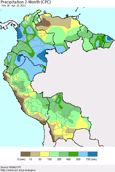 Northern South America Precipitation 2-Month (CPC) Thematic Map For 2/26/2022 - 4/25/2022