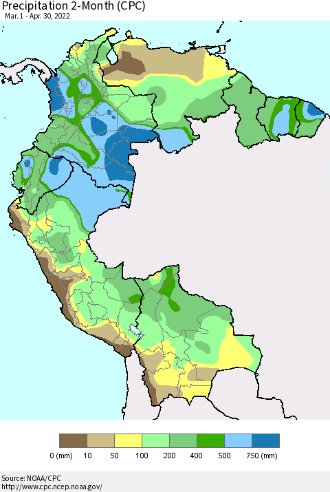 Northern South America Precipitation 2-Month (CPC) Thematic Map For 3/1/2022 - 4/30/2022