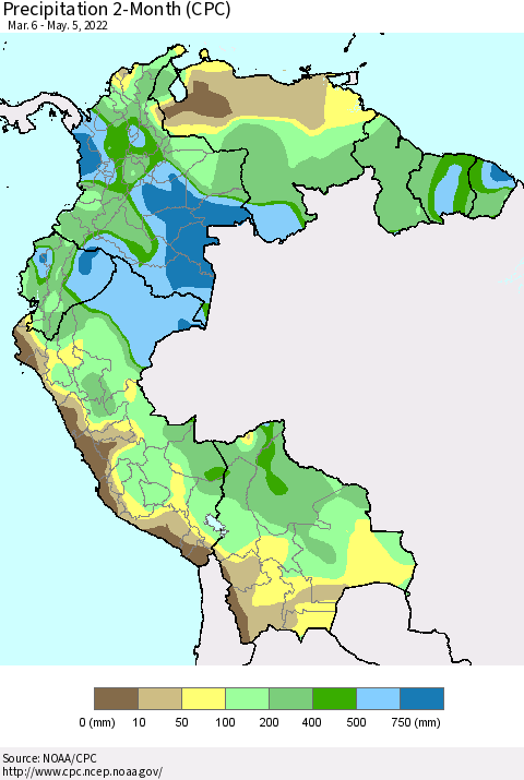 Northern South America Precipitation 2-Month (CPC) Thematic Map For 3/6/2022 - 5/5/2022