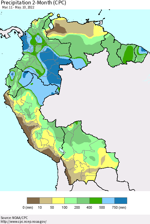 Northern South America Precipitation 2-Month (CPC) Thematic Map For 3/11/2022 - 5/10/2022