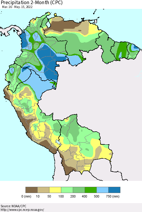 Northern South America Precipitation 2-Month (CPC) Thematic Map For 3/16/2022 - 5/15/2022
