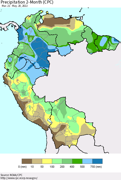 Northern South America Precipitation 2-Month (CPC) Thematic Map For 3/21/2022 - 5/20/2022