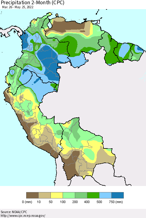 Northern South America Precipitation 2-Month (CPC) Thematic Map For 3/26/2022 - 5/25/2022