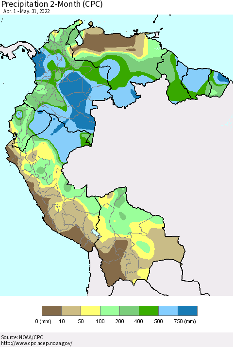 Northern South America Precipitation 2-Month (CPC) Thematic Map For 4/1/2022 - 5/31/2022
