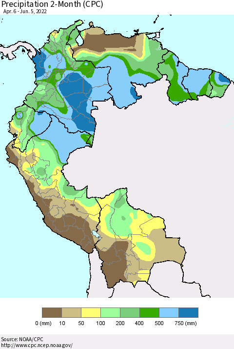 Northern South America Precipitation 2-Month (CPC) Thematic Map For 4/6/2022 - 6/5/2022
