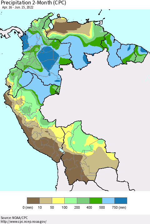 Northern South America Precipitation 2-Month (CPC) Thematic Map For 4/16/2022 - 6/15/2022