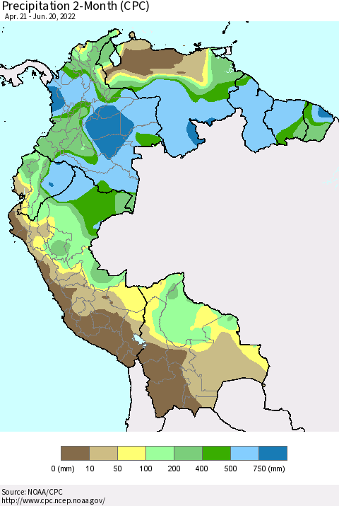 Northern South America Precipitation 2-Month (CPC) Thematic Map For 4/21/2022 - 6/20/2022