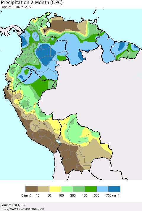 Northern South America Precipitation 2-Month (CPC) Thematic Map For 4/26/2022 - 6/25/2022