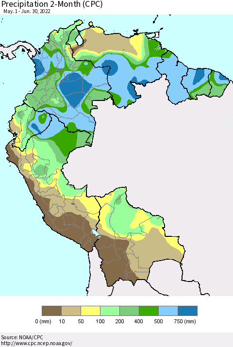 Northern South America Precipitation 2-Month (CPC) Thematic Map For 5/1/2022 - 6/30/2022