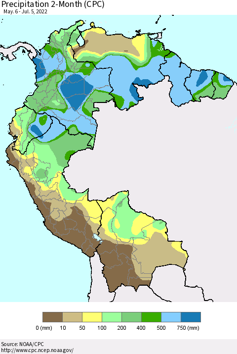 Northern South America Precipitation 2-Month (CPC) Thematic Map For 5/6/2022 - 7/5/2022
