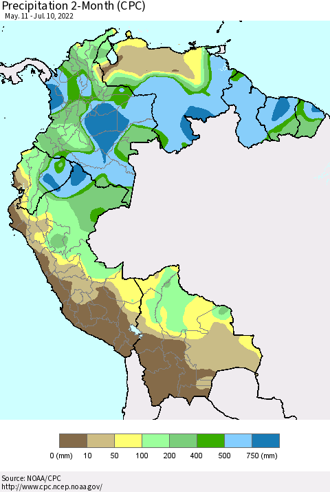 Northern South America Precipitation 2-Month (CPC) Thematic Map For 5/11/2022 - 7/10/2022