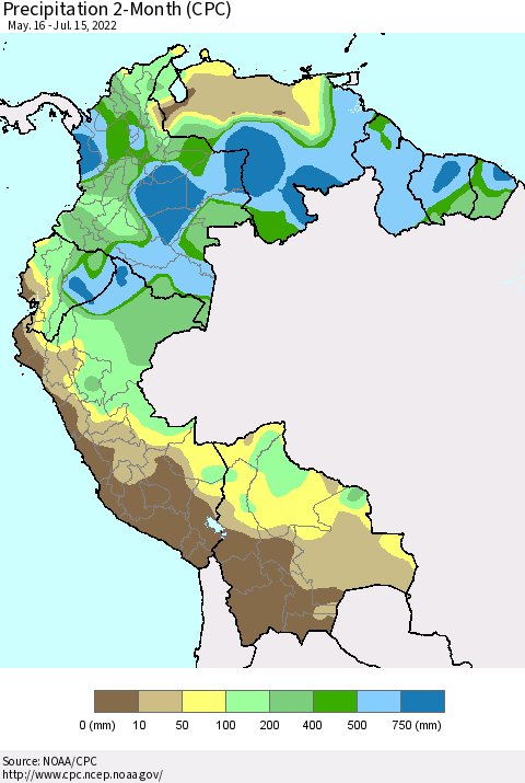 Northern South America Precipitation 2-Month (CPC) Thematic Map For 5/16/2022 - 7/15/2022
