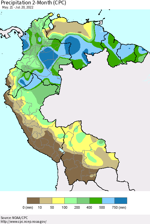 Northern South America Precipitation 2-Month (CPC) Thematic Map For 5/21/2022 - 7/20/2022