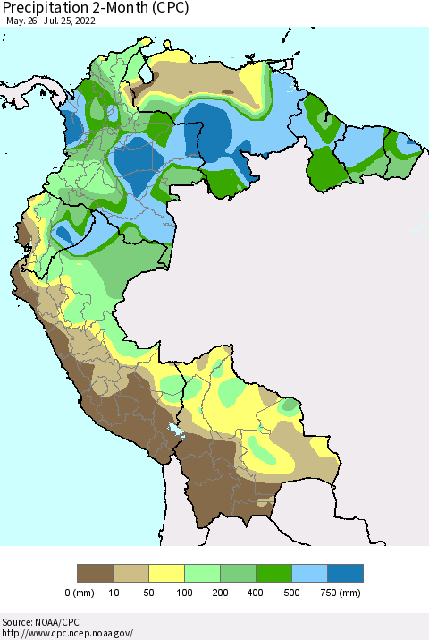 Northern South America Precipitation 2-Month (CPC) Thematic Map For 5/26/2022 - 7/25/2022