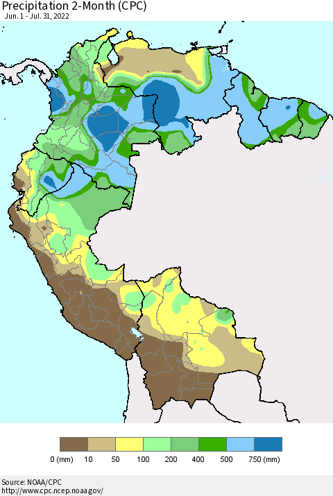 Northern South America Precipitation 2-Month (CPC) Thematic Map For 6/1/2022 - 7/31/2022