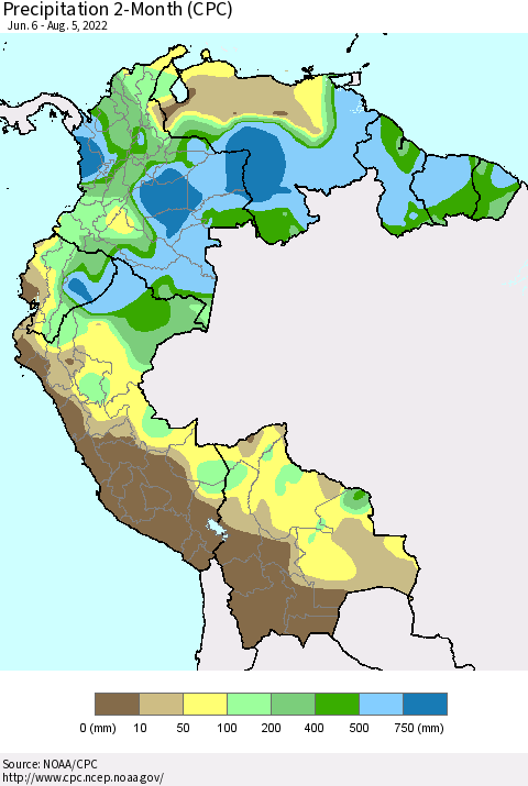 Northern South America Precipitation 2-Month (CPC) Thematic Map For 6/6/2022 - 8/5/2022