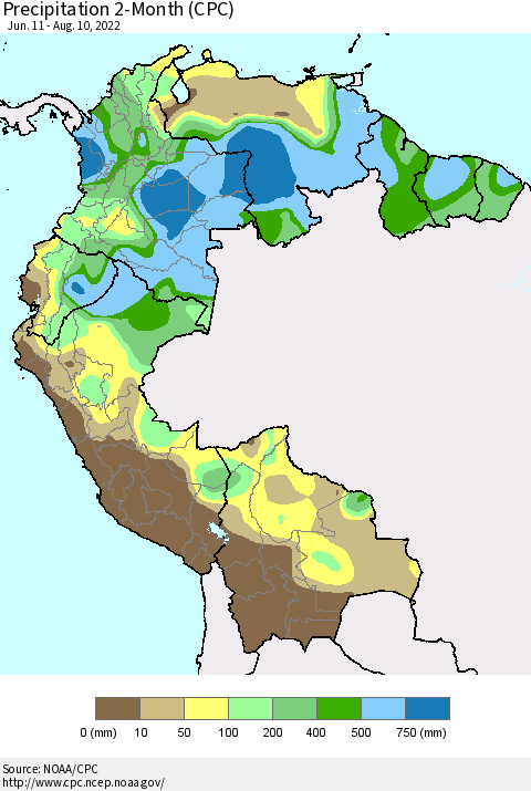 Northern South America Precipitation 2-Month (CPC) Thematic Map For 6/11/2022 - 8/10/2022