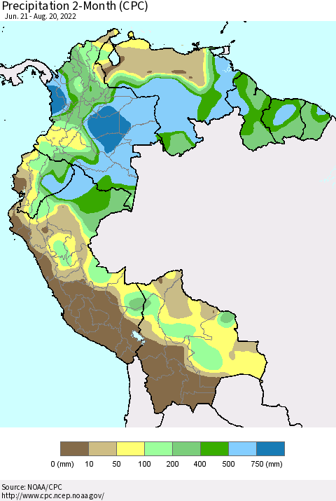 Northern South America Precipitation 2-Month (CPC) Thematic Map For 6/21/2022 - 8/20/2022