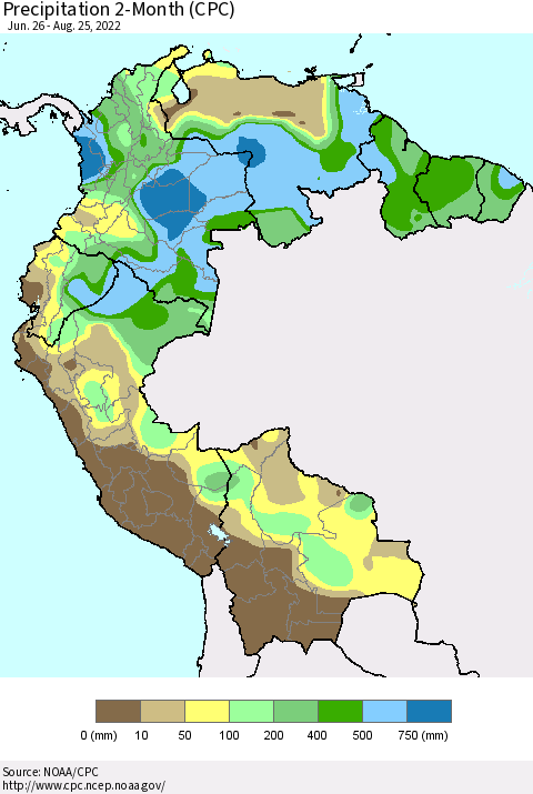 Northern South America Precipitation 2-Month (CPC) Thematic Map For 6/26/2022 - 8/25/2022