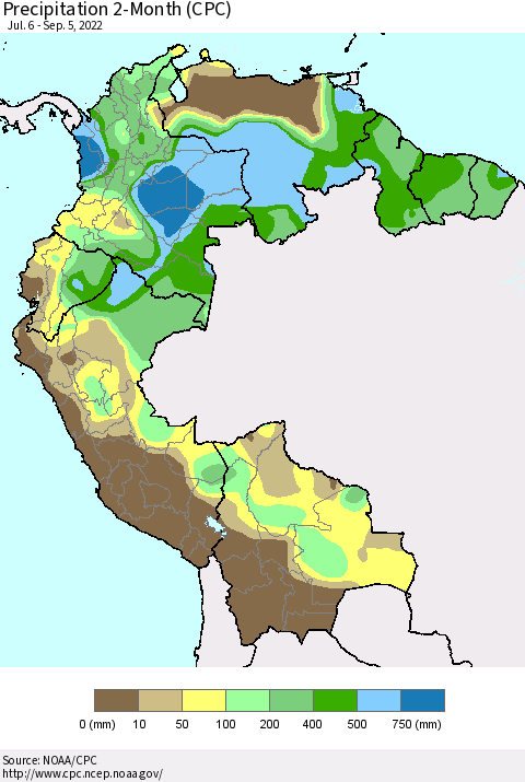 Northern South America Precipitation 2-Month (CPC) Thematic Map For 7/6/2022 - 9/5/2022