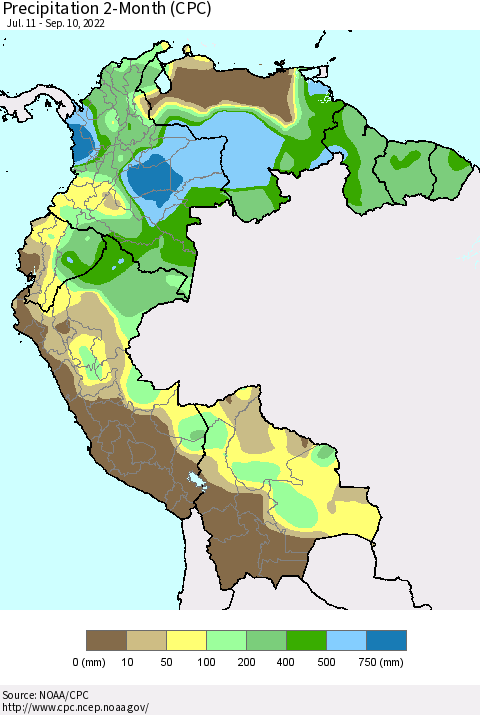 Northern South America Precipitation 2-Month (CPC) Thematic Map For 7/11/2022 - 9/10/2022