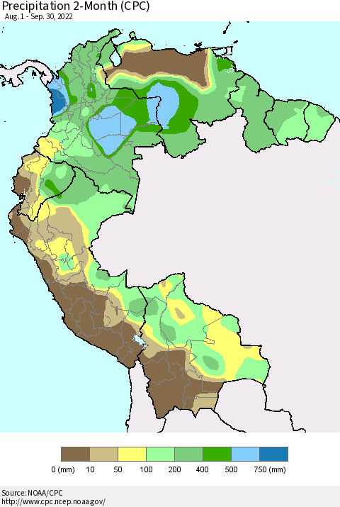 Northern South America Precipitation 2-Month (CPC) Thematic Map For 8/1/2022 - 9/30/2022
