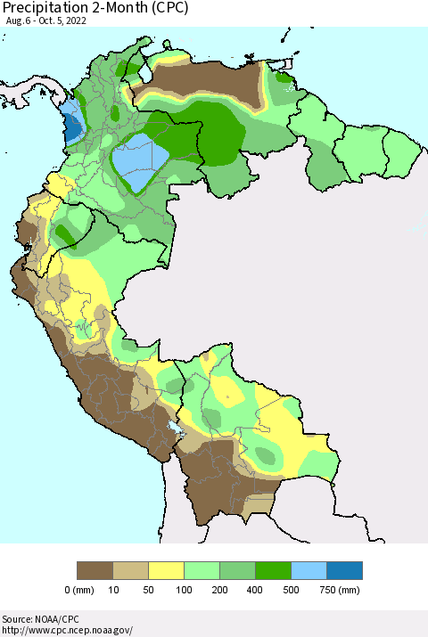 Northern South America Precipitation 2-Month (CPC) Thematic Map For 8/6/2022 - 10/5/2022