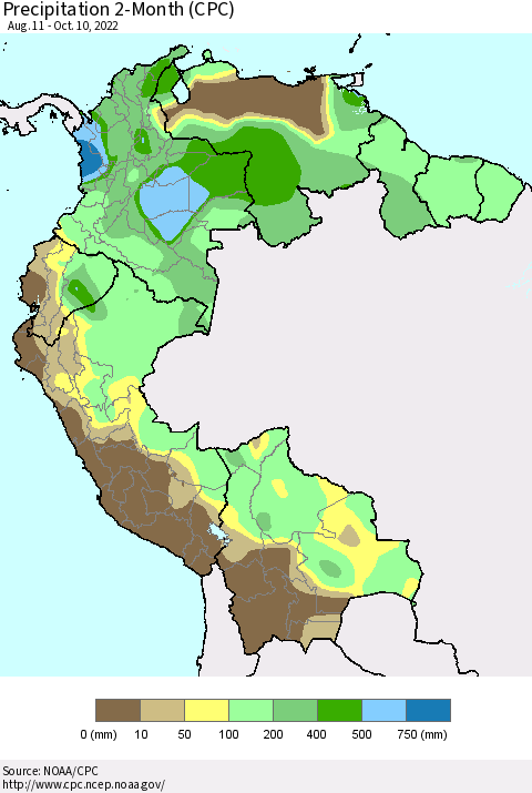 Northern South America Precipitation 2-Month (CPC) Thematic Map For 8/11/2022 - 10/10/2022