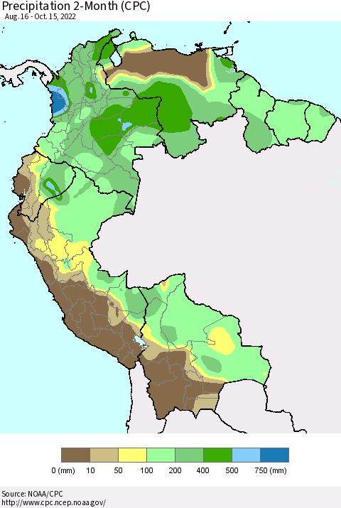 Northern South America Precipitation 2-Month (CPC) Thematic Map For 8/16/2022 - 10/15/2022
