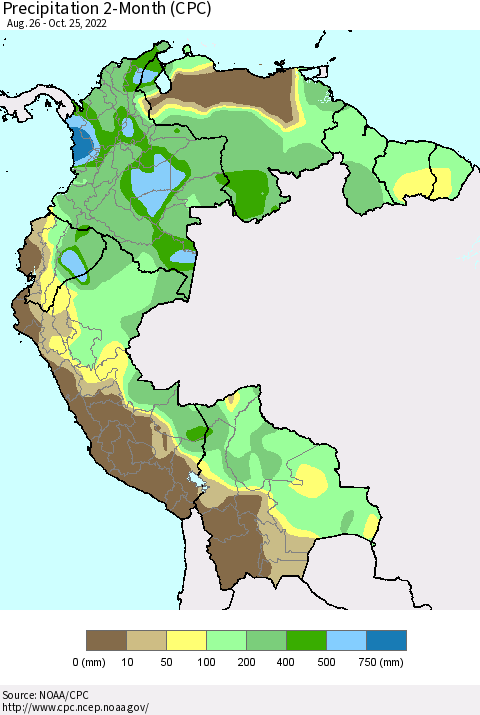 Northern South America Precipitation 2-Month (CPC) Thematic Map For 8/26/2022 - 10/25/2022