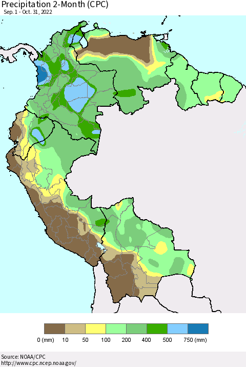 Northern South America Precipitation 2-Month (CPC) Thematic Map For 9/1/2022 - 10/31/2022