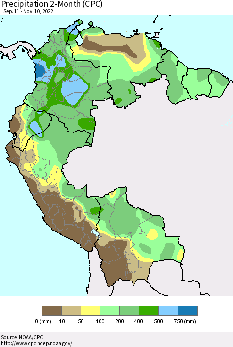 Northern South America Precipitation 2-Month (CPC) Thematic Map For 9/11/2022 - 11/10/2022