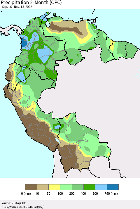 Northern South America Precipitation 2-Month (CPC) Thematic Map For 9/16/2022 - 11/15/2022