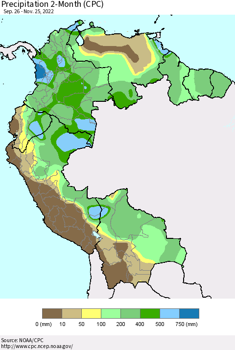 Northern South America Precipitation 2-Month (CPC) Thematic Map For 9/26/2022 - 11/25/2022