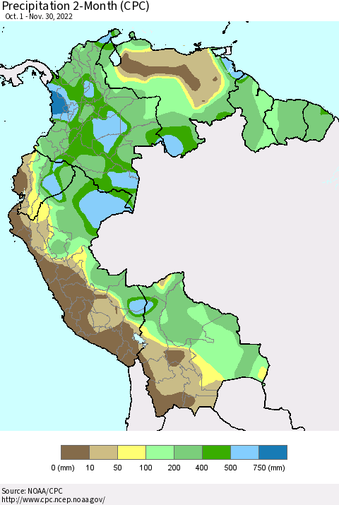 Northern South America Precipitation 2-Month (CPC) Thematic Map For 10/1/2022 - 11/30/2022